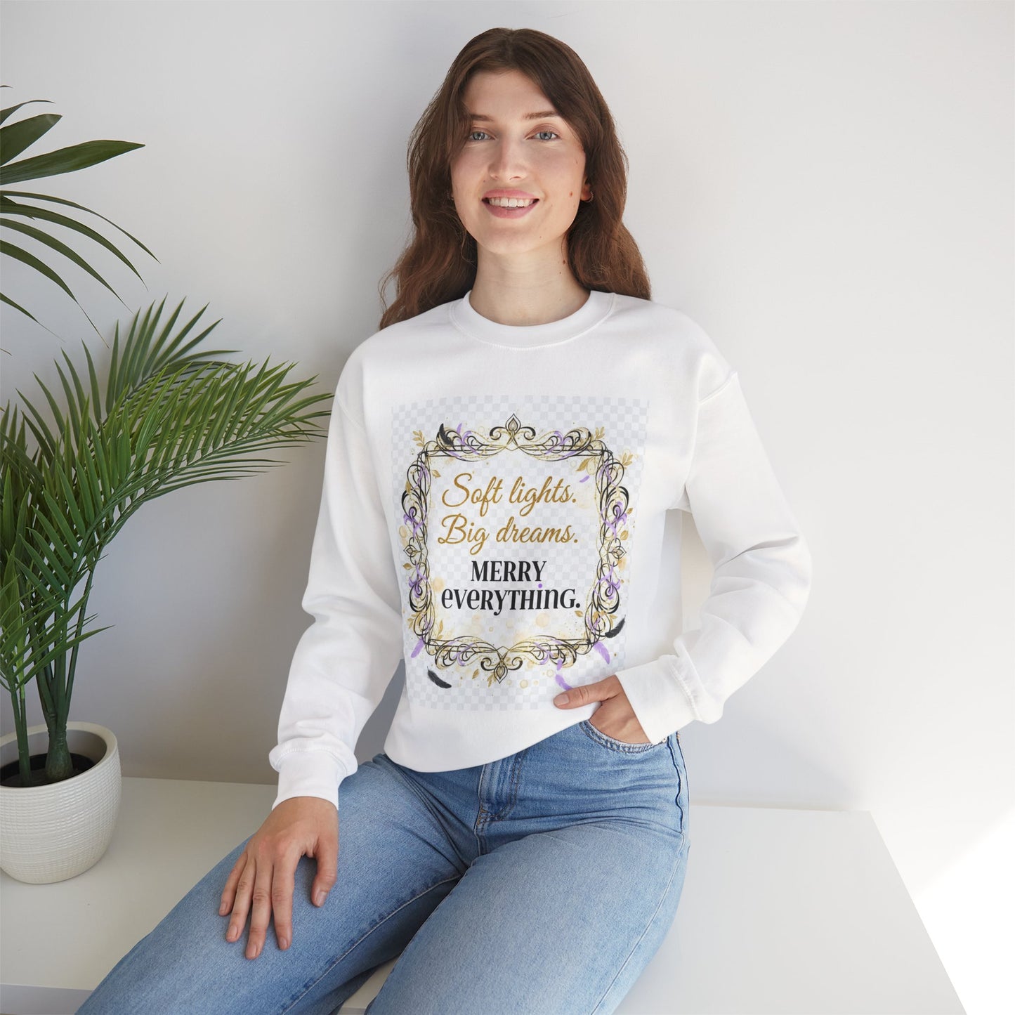 Crewneck Sweatshirt – "Soft lights, Big dreams. MERRY EVERYTHING." Holiday Graphic