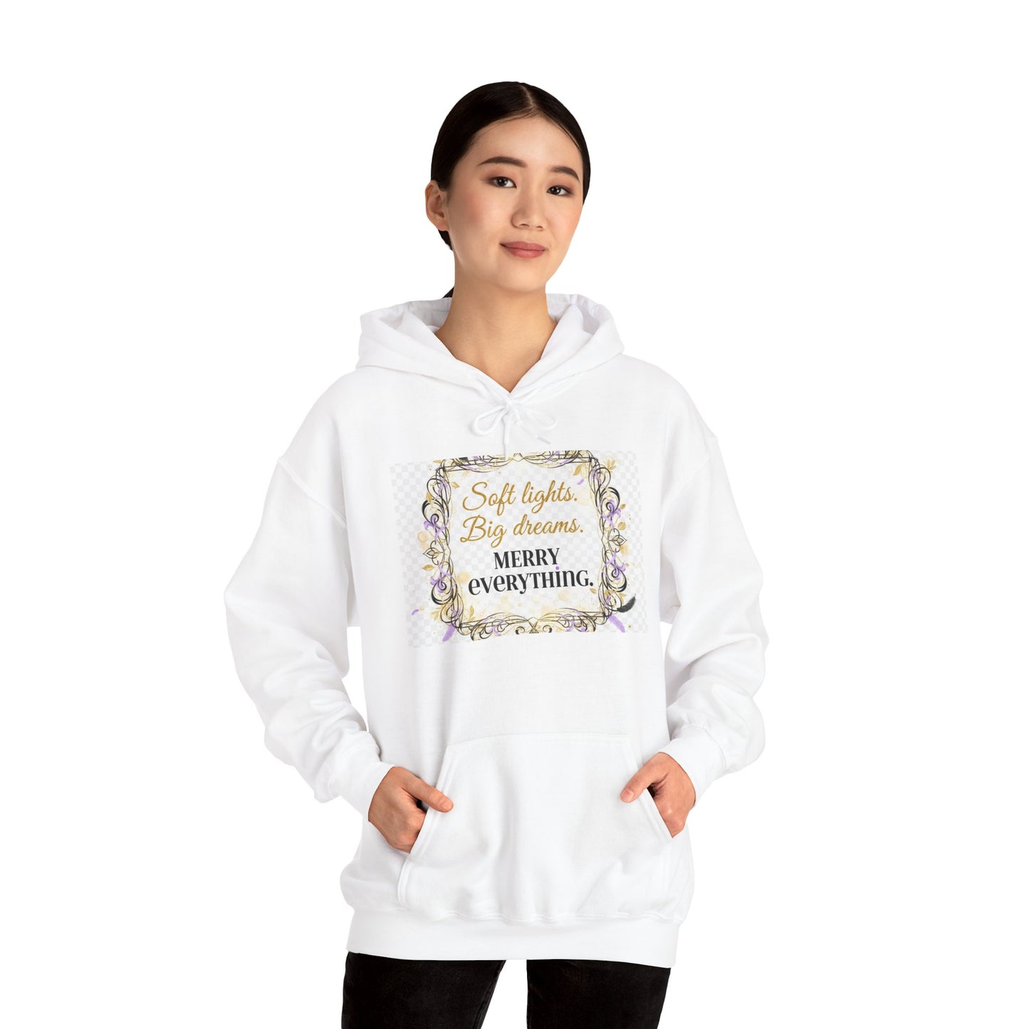 Hoodie — “Soft Lights, Big Dreams. Merry Everything.” Festive Floral Holiday Hoodie