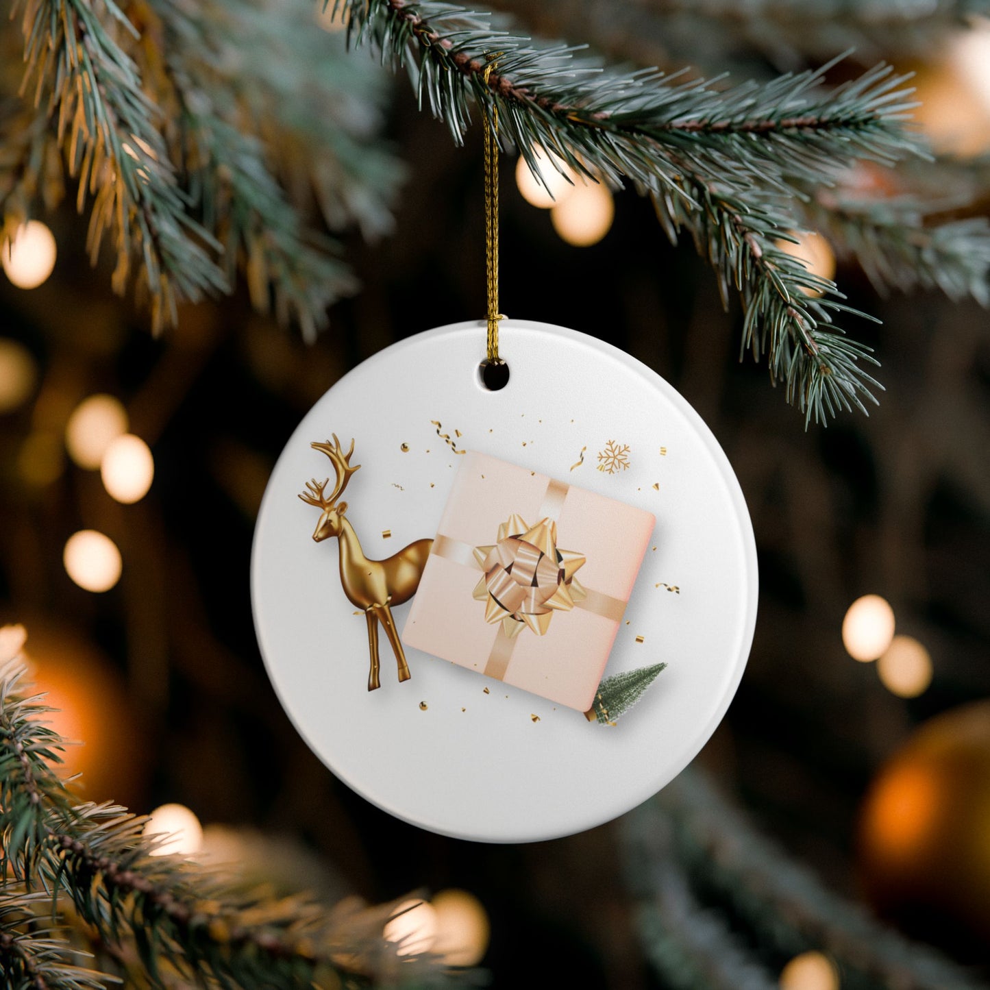 Ceramic Ornament — Gold Reindeer & Gift Holiday Christmas Tree Decoration