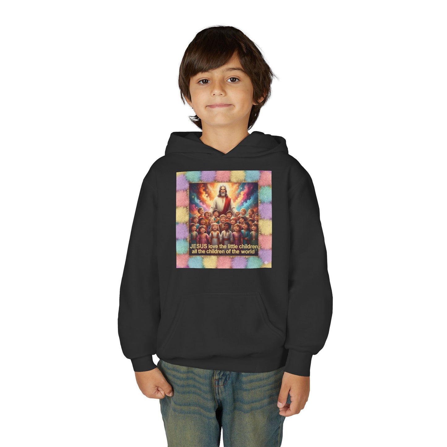 Christian Kids Hoodie — "Jesus Saw the Little Children" Colorful Faith Pullover