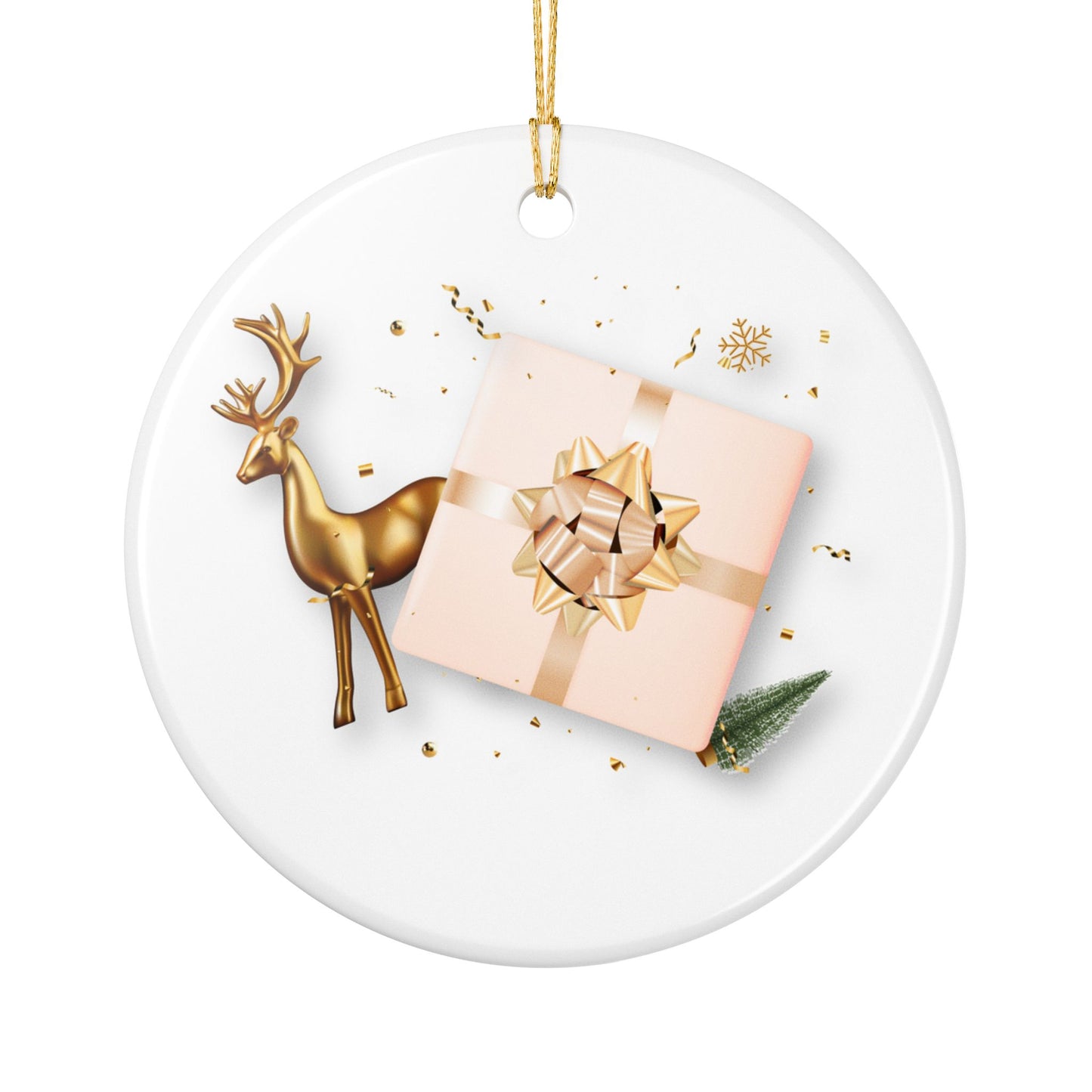 Ceramic Ornament — Gold Reindeer & Gift Holiday Christmas Tree Decoration