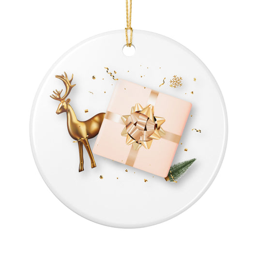 Ceramic Ornament — Gold Reindeer & Gift Holiday Christmas Tree Decoration