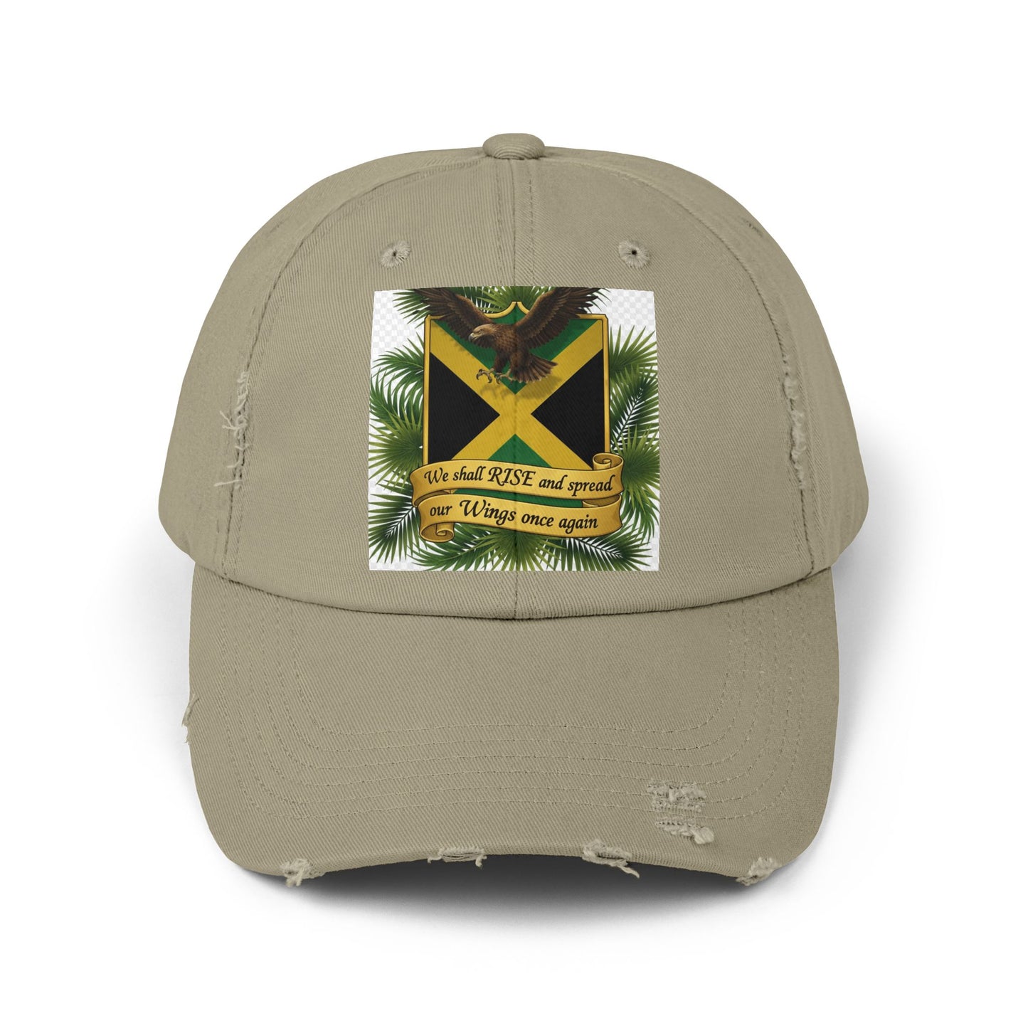 Distressed Baseball Cap — Jamaican Flag Crest with 'We shall RISE and grow our Wings once again'
