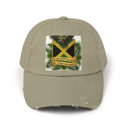 Distressed Baseball Cap — Jamaican Flag Crest with 'We shall RISE and grow our Wings once again'