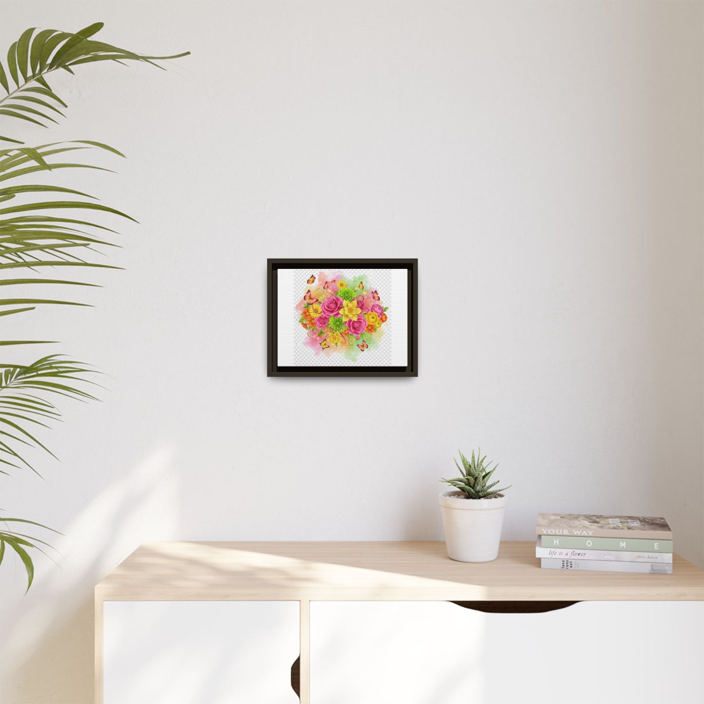 Framed Floral Bouquet Matte Canvas Wall Art — Colorful Roses & Butterflies