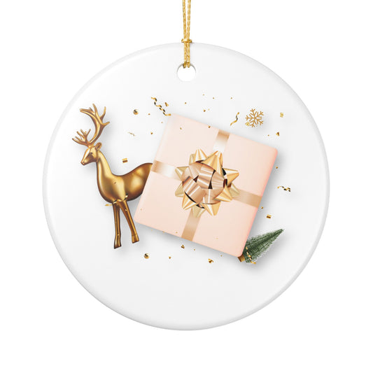 Ceramic Ornament — Gold Reindeer & Gift Holiday Christmas Tree Decoration