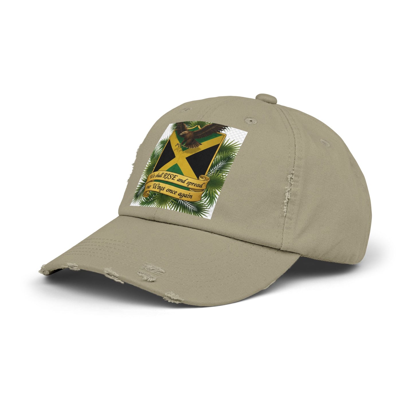 Distressed Baseball Cap — Jamaican Flag Crest with 'We shall RISE and grow our Wings once again'